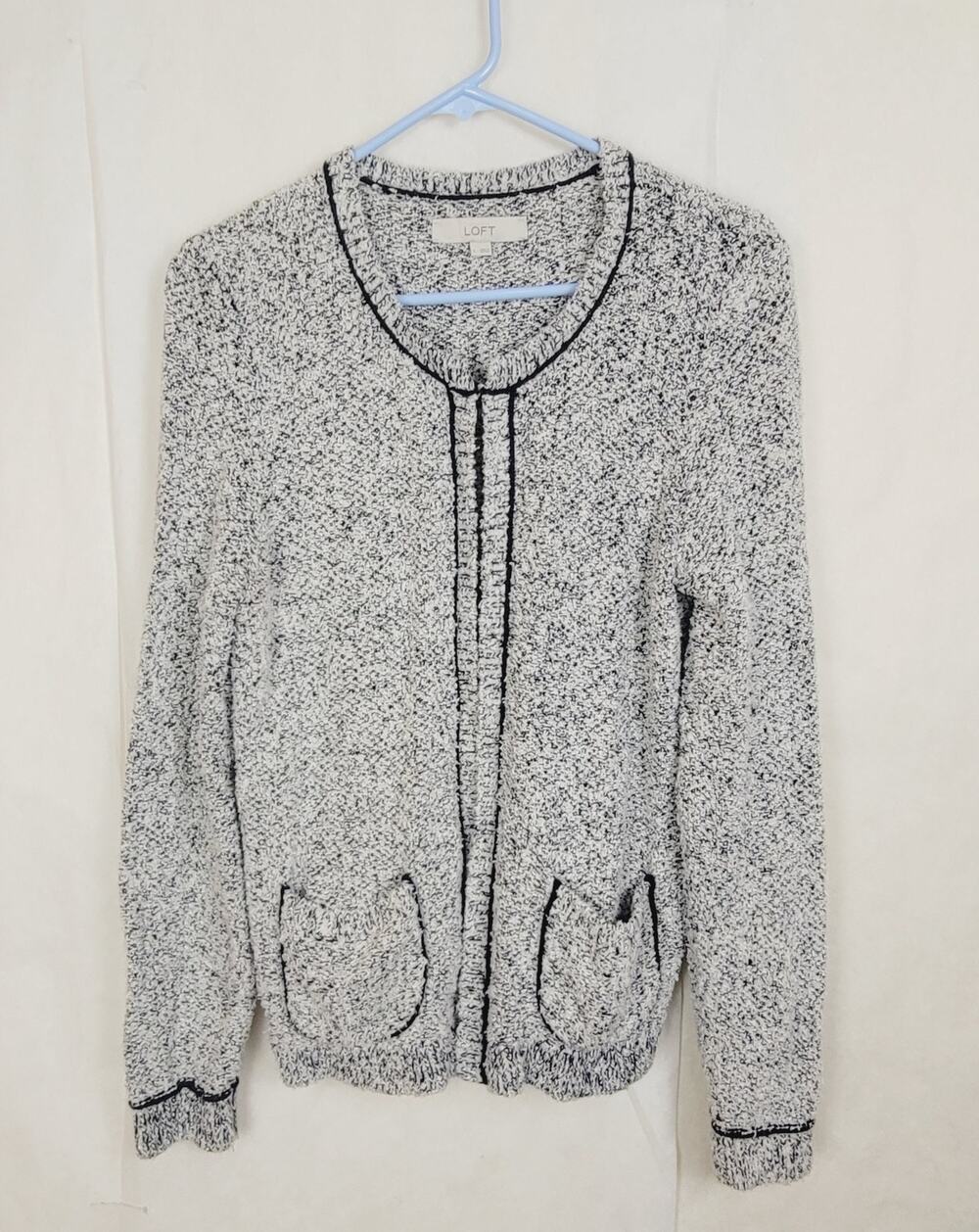Loft blue and white boucle knit cardigan Size Large Preppy Old Money Career